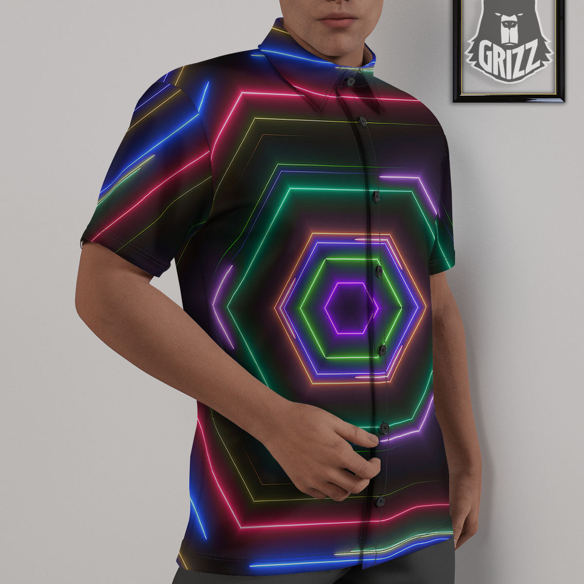 EDM Geometric Green Light Print Untucked Shirts-grizzshop