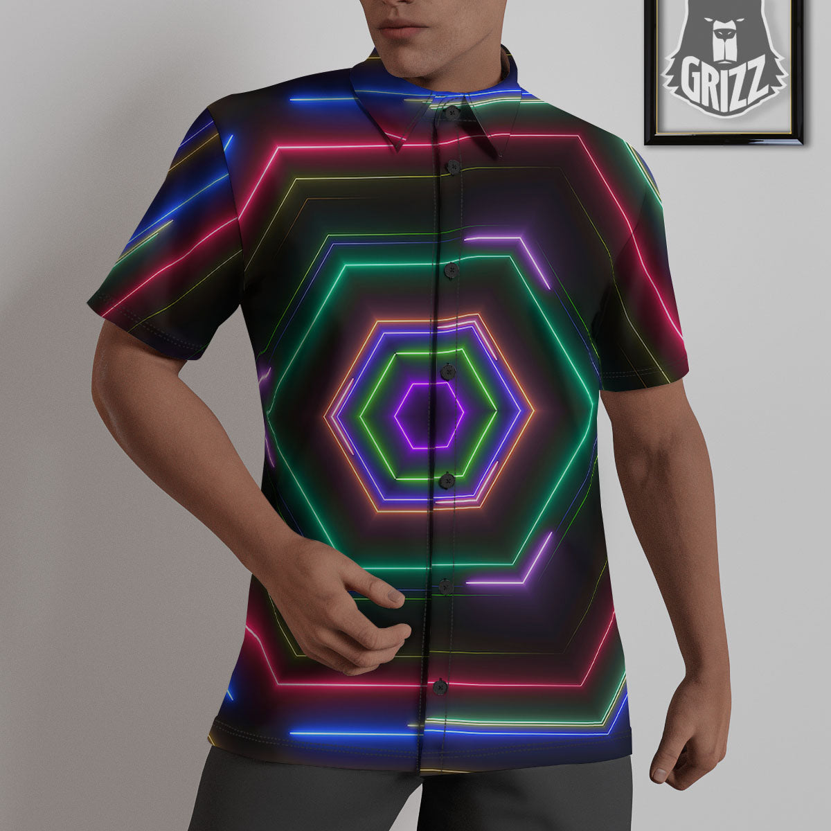 EDM Geometric Green Light Print Untucked Shirts-grizzshop