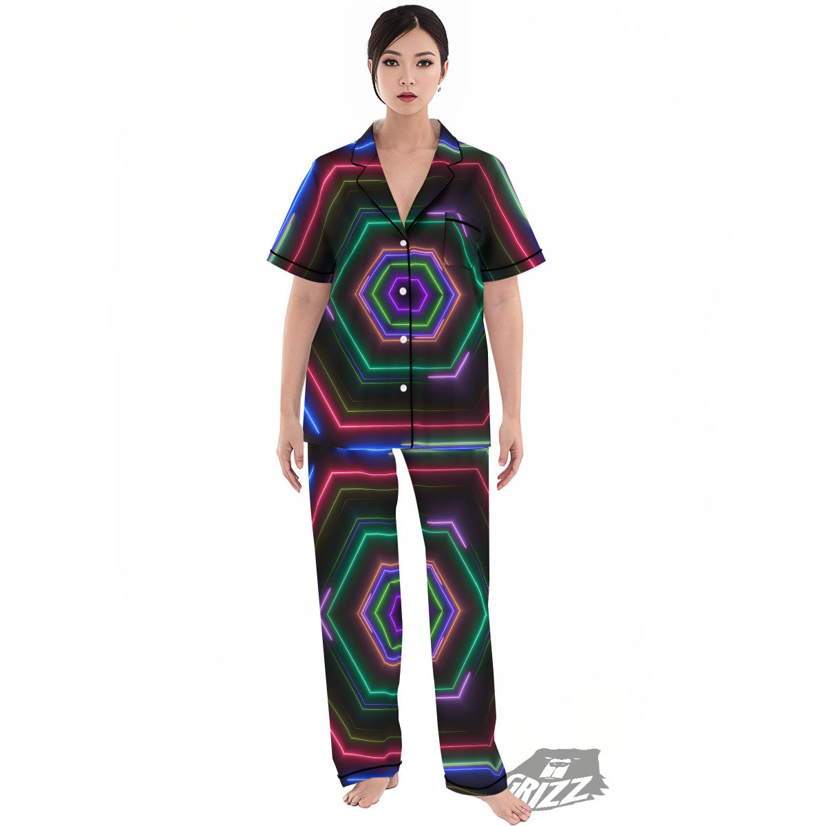 EDM Geometric Green Light Print Women's Pajamas Set-grizzshop