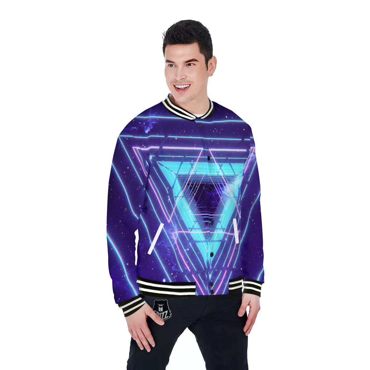 EDM Light Blue Geometric Print Baseball Jacket-grizzshop