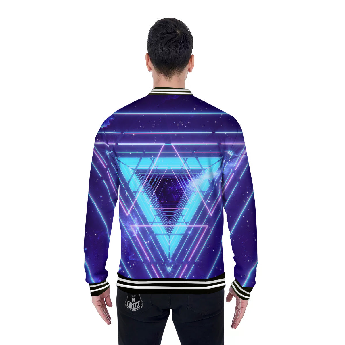 EDM Light Blue Geometric Print Baseball Jacket-grizzshop