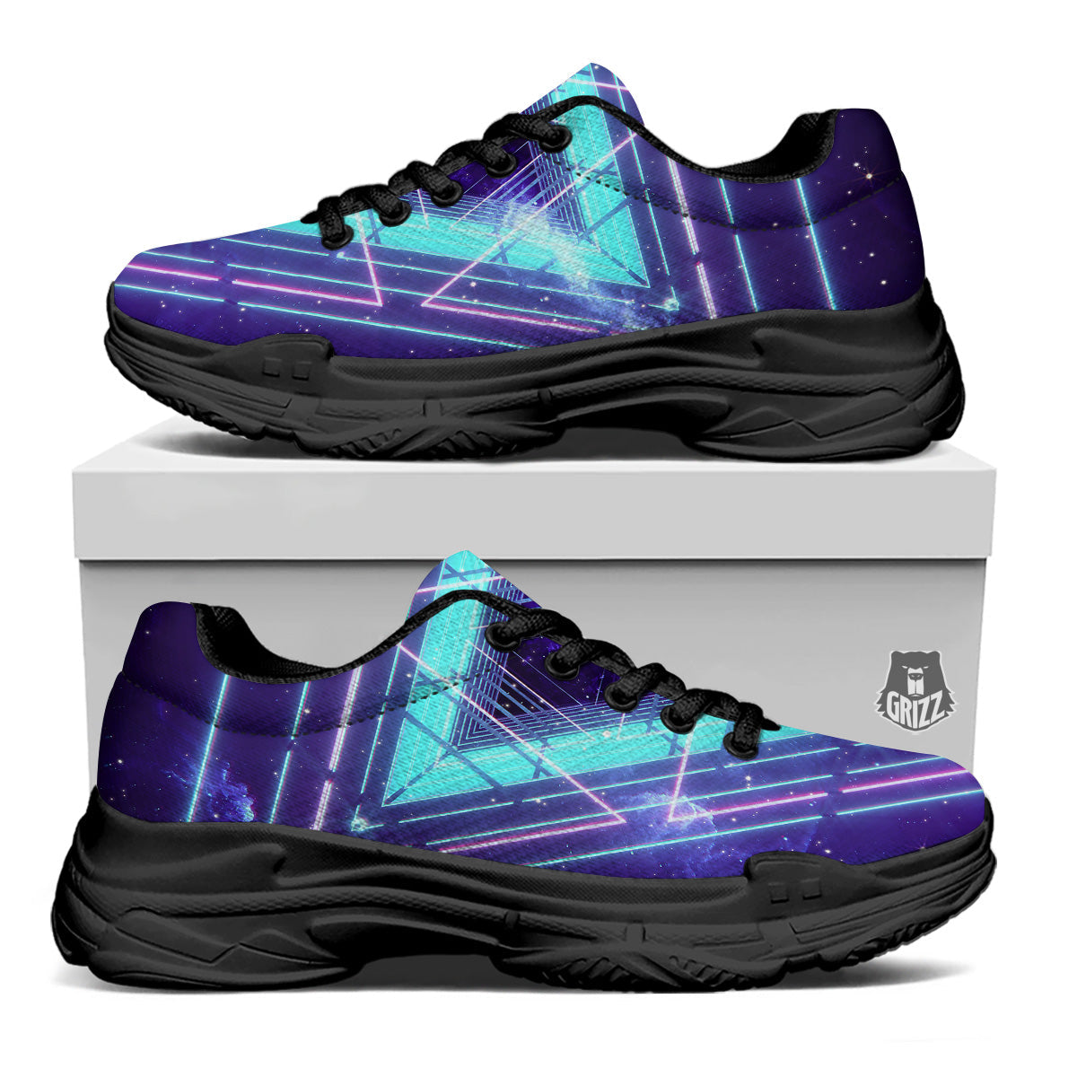 EDM Light Blue Geometric Print Black Chunky Shoes-grizzshop