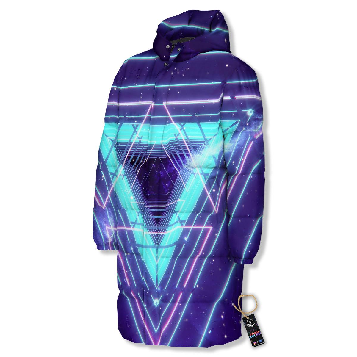 EDM Light Blue Geometric Print Long Down Jacket-grizzshop