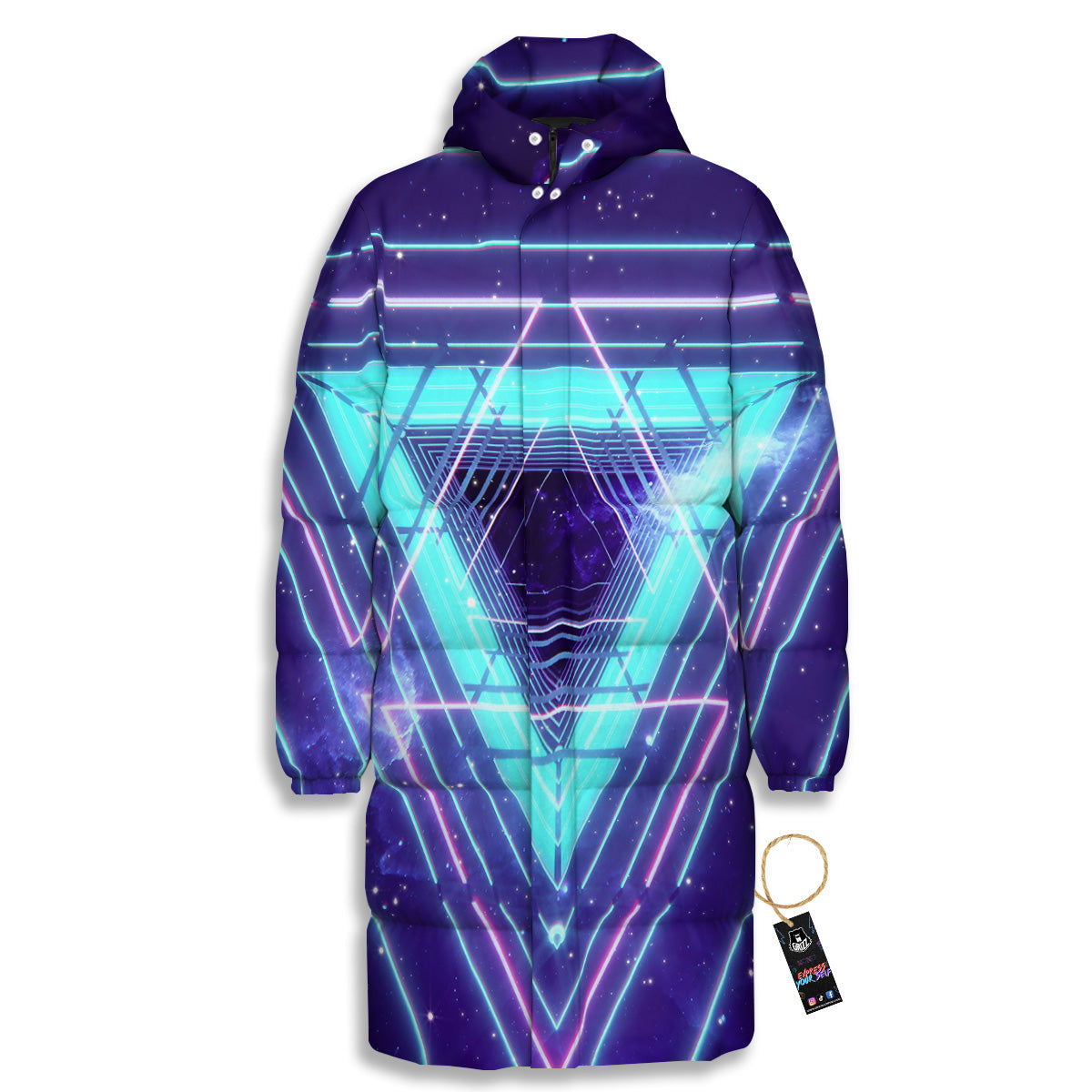 EDM Light Blue Geometric Print Long Down Jacket-grizzshop