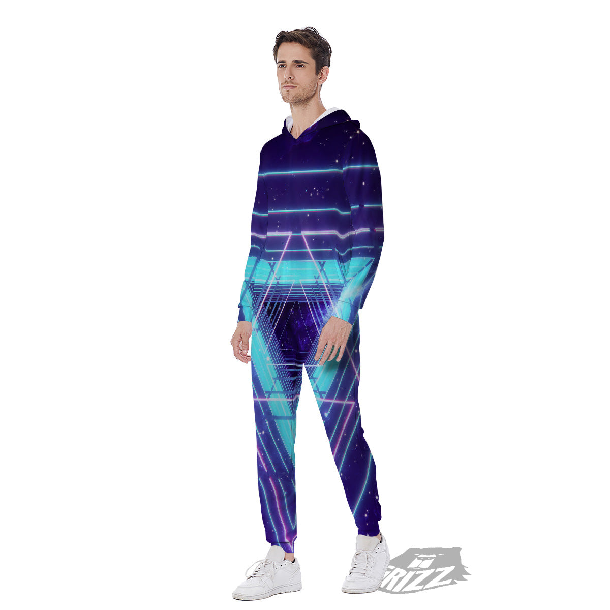 EDM Light Blue Geometric Print Men's Jumpsuit-grizzshop