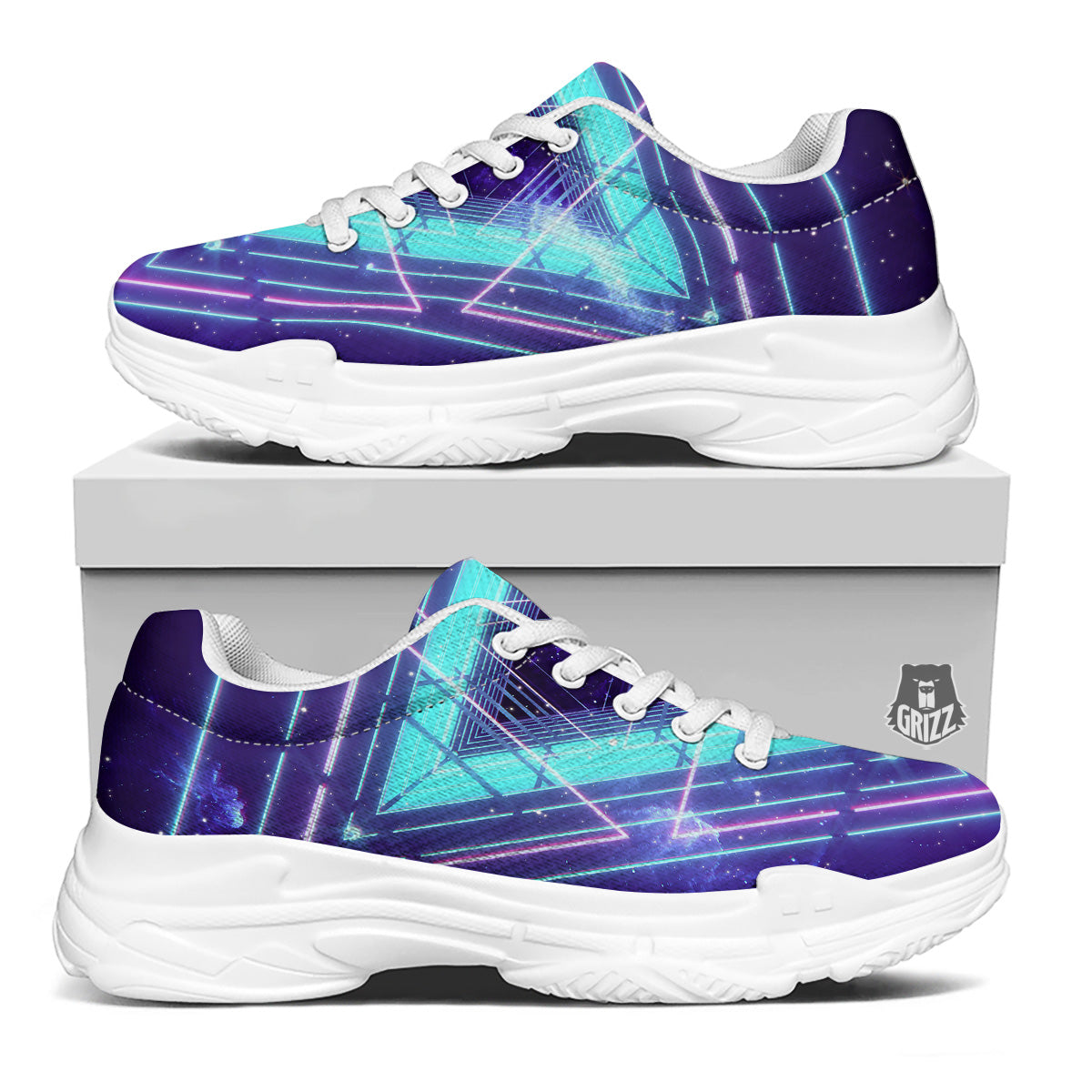 EDM Light Blue Geometric Print White Chunky Shoes-grizzshop