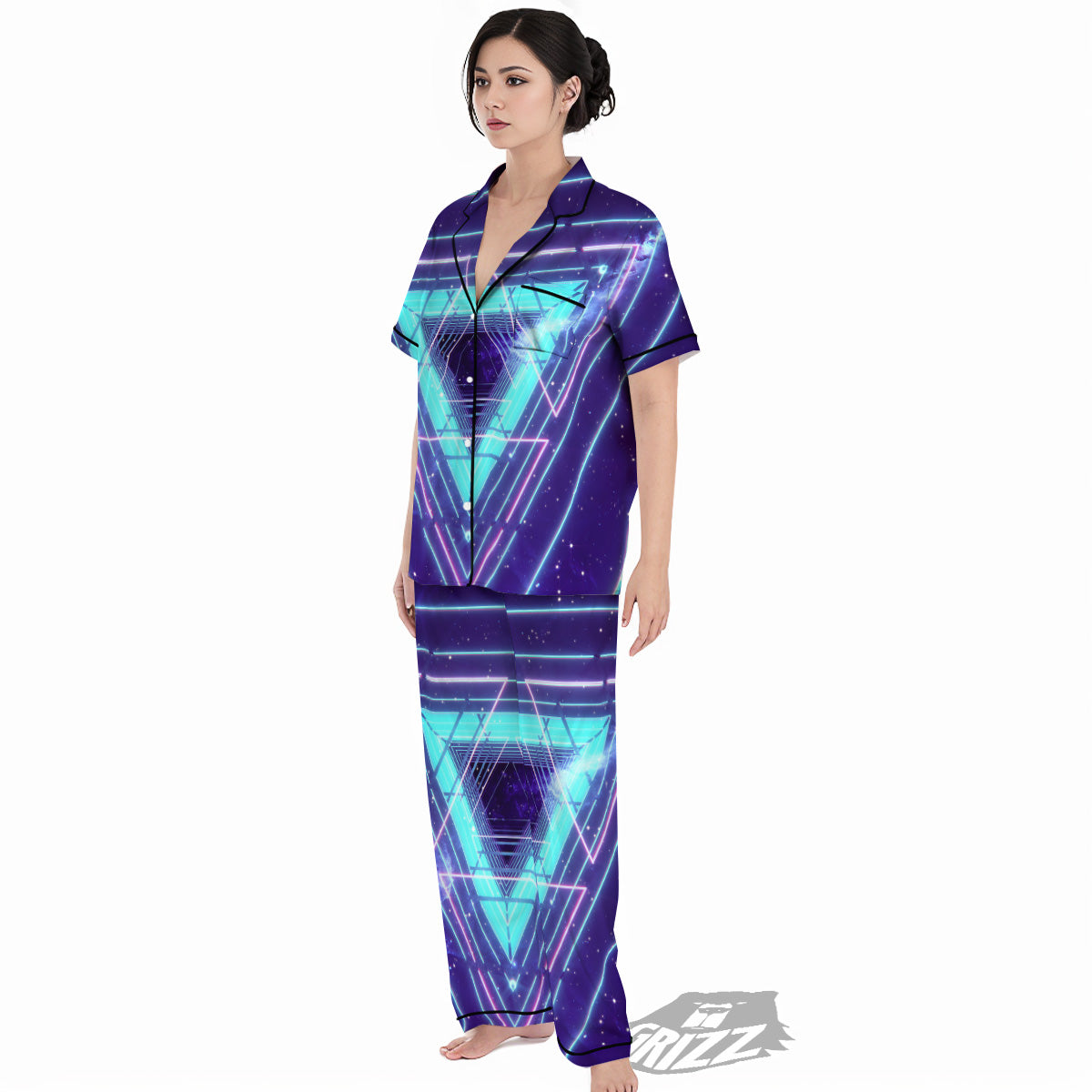 EDM Light Blue Geometric Print Women's Pajamas Set-grizzshop