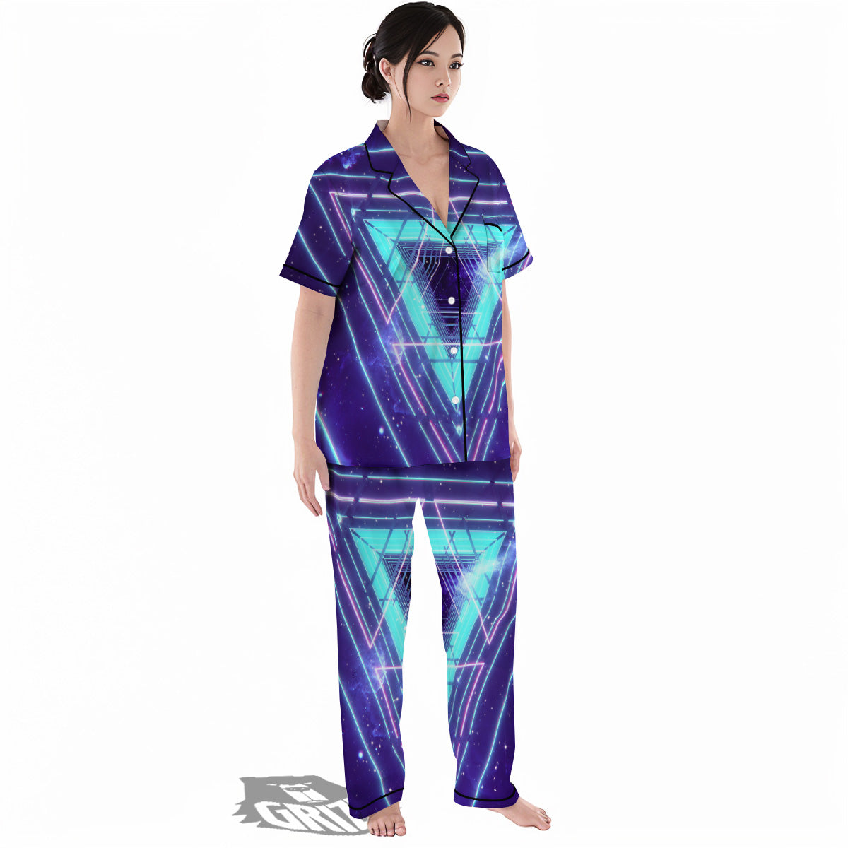 EDM Light Blue Geometric Print Women's Pajamas Set-grizzshop