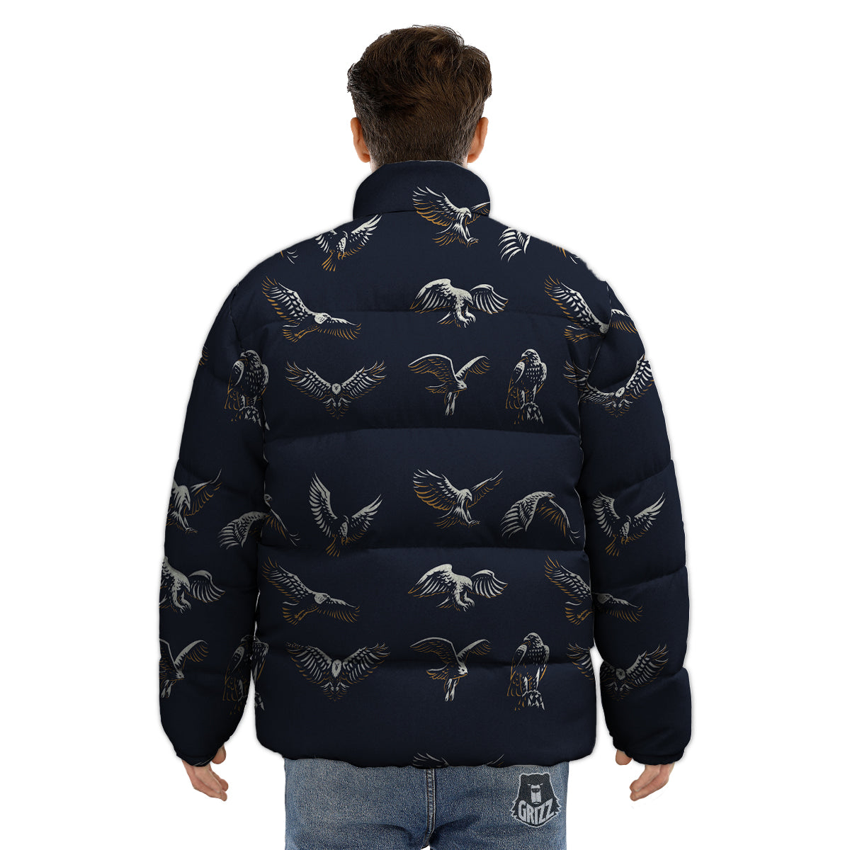 Eagle Brown And White Print Pattern Puffer Jacket-grizzshop