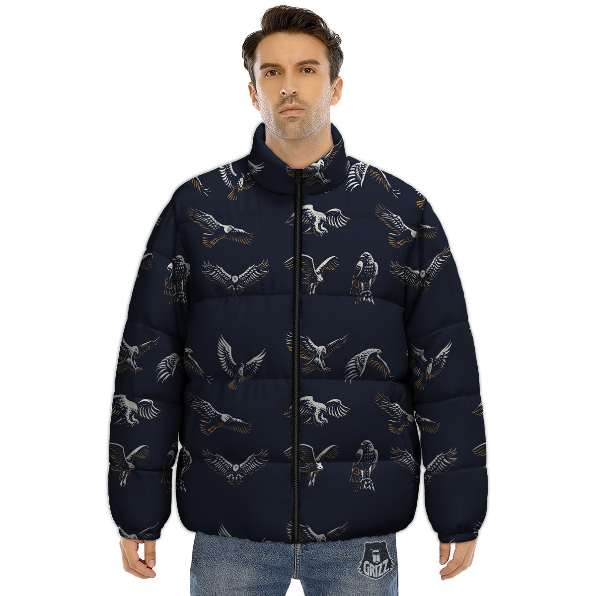 Eagle Brown And White Print Pattern Puffer Jacket-grizzshop