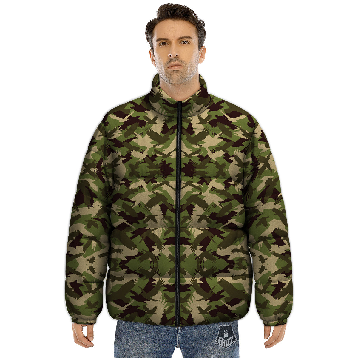 Eagle Camouflage Green Print Pattern Puffer Jacket-grizzshop