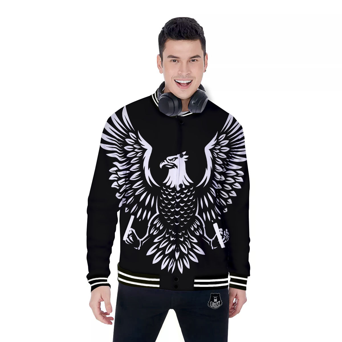 Eagle Monochrome Print Baseball Jacket-grizzshop