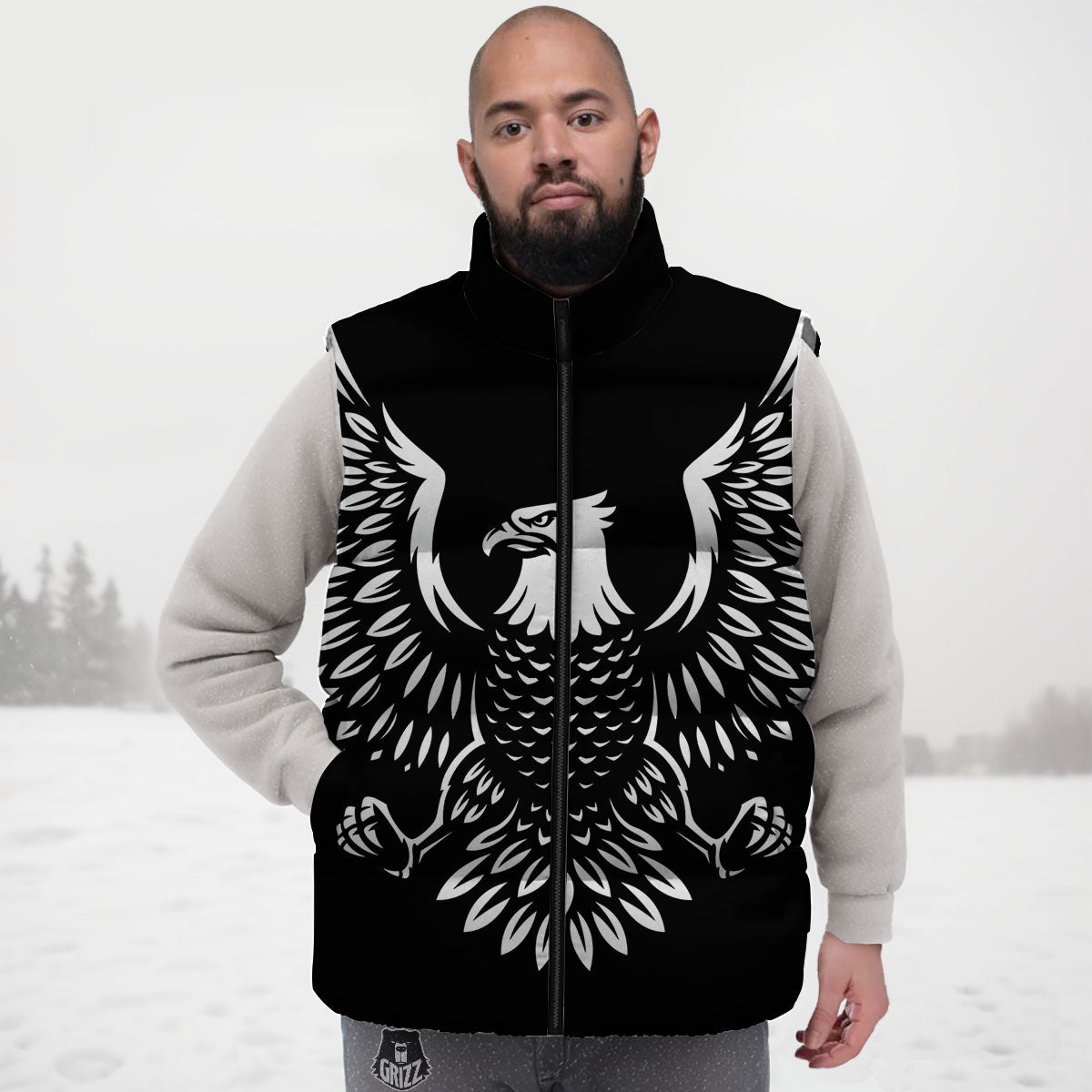Eagle Monochrome Print Down Vest-grizzshop