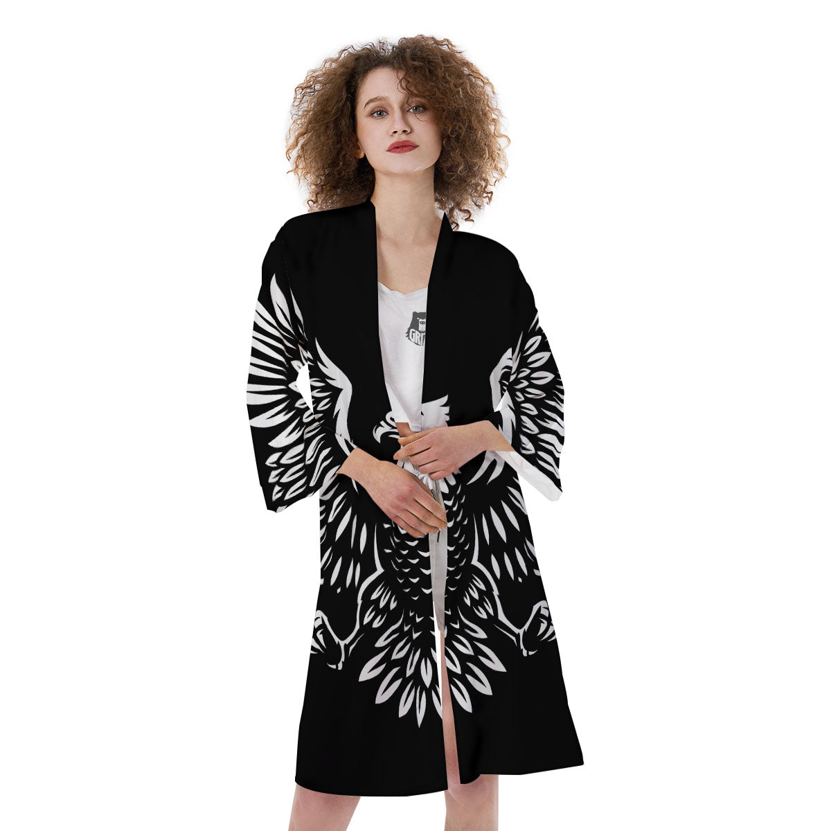 Eagle Monochrome Print Kimono-grizzshop