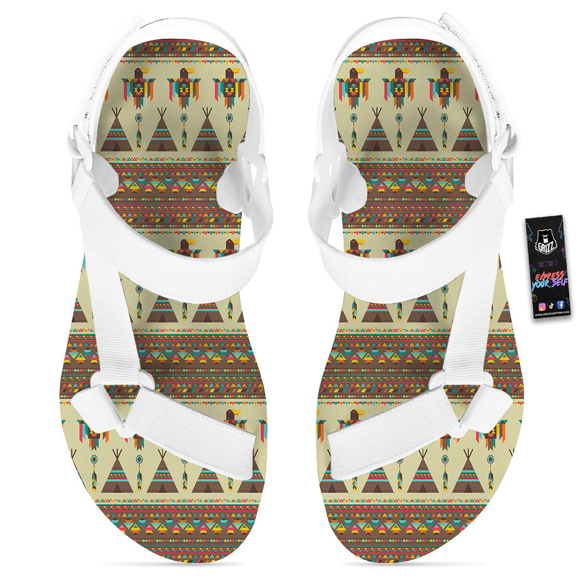 Eagle Native American Print Pattern White Open Toe Sandals-grizzshop