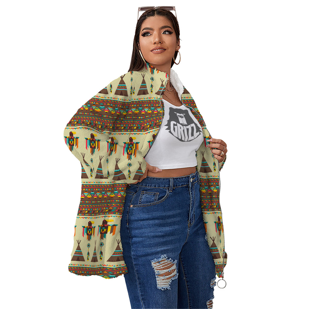 Eagle Native American Print Pattern Women's Sherpa Jacket-grizzshop