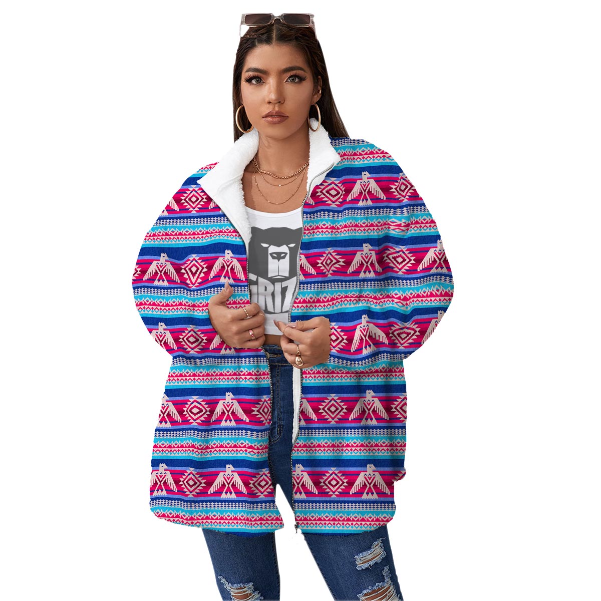 Eagle Native American Print Pattern Women's Sherpa Jacket-grizzshop