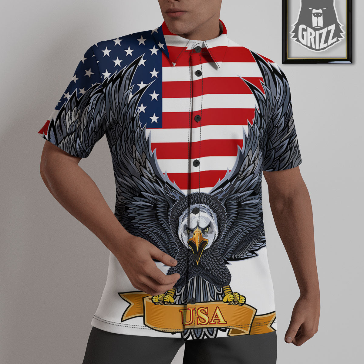 Eagle Patriotic American Print Untucked Shirts-grizzshop