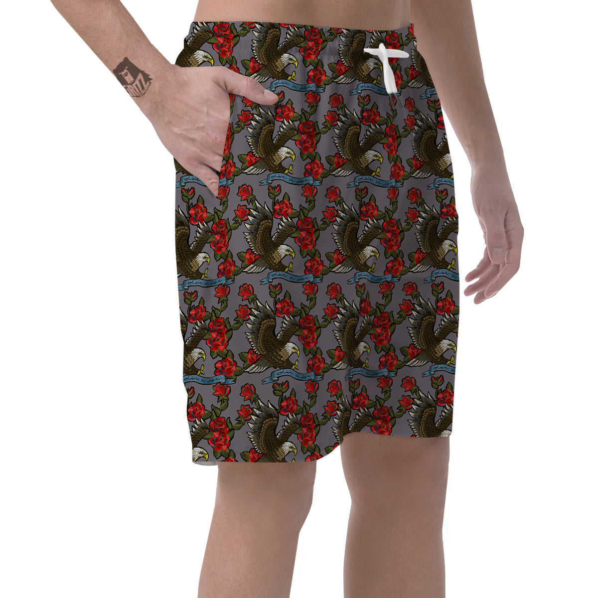 Eagle Rose Pattern Print Men's Shorts-grizzshop