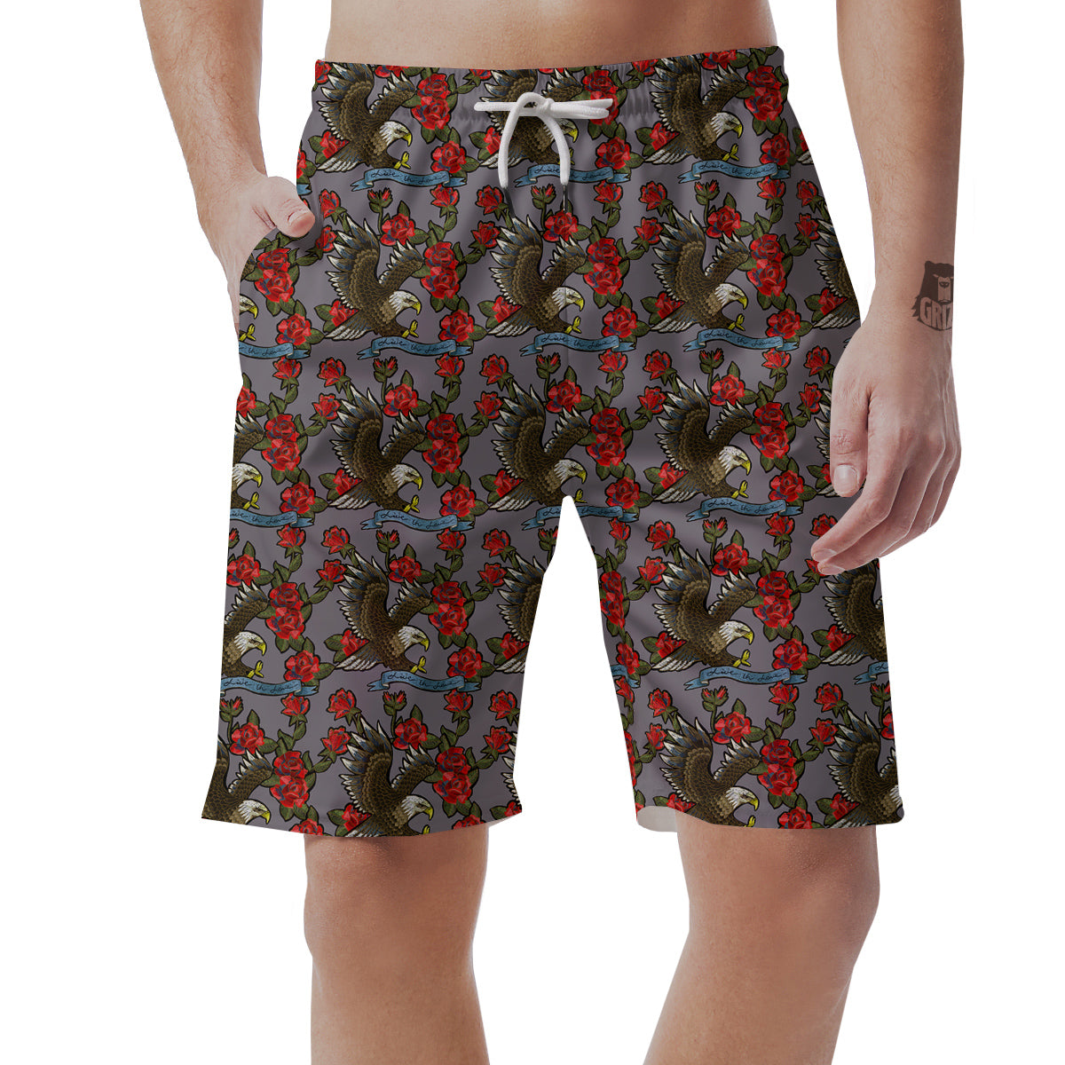 Eagle Rose Pattern Print Men's Shorts-grizzshop