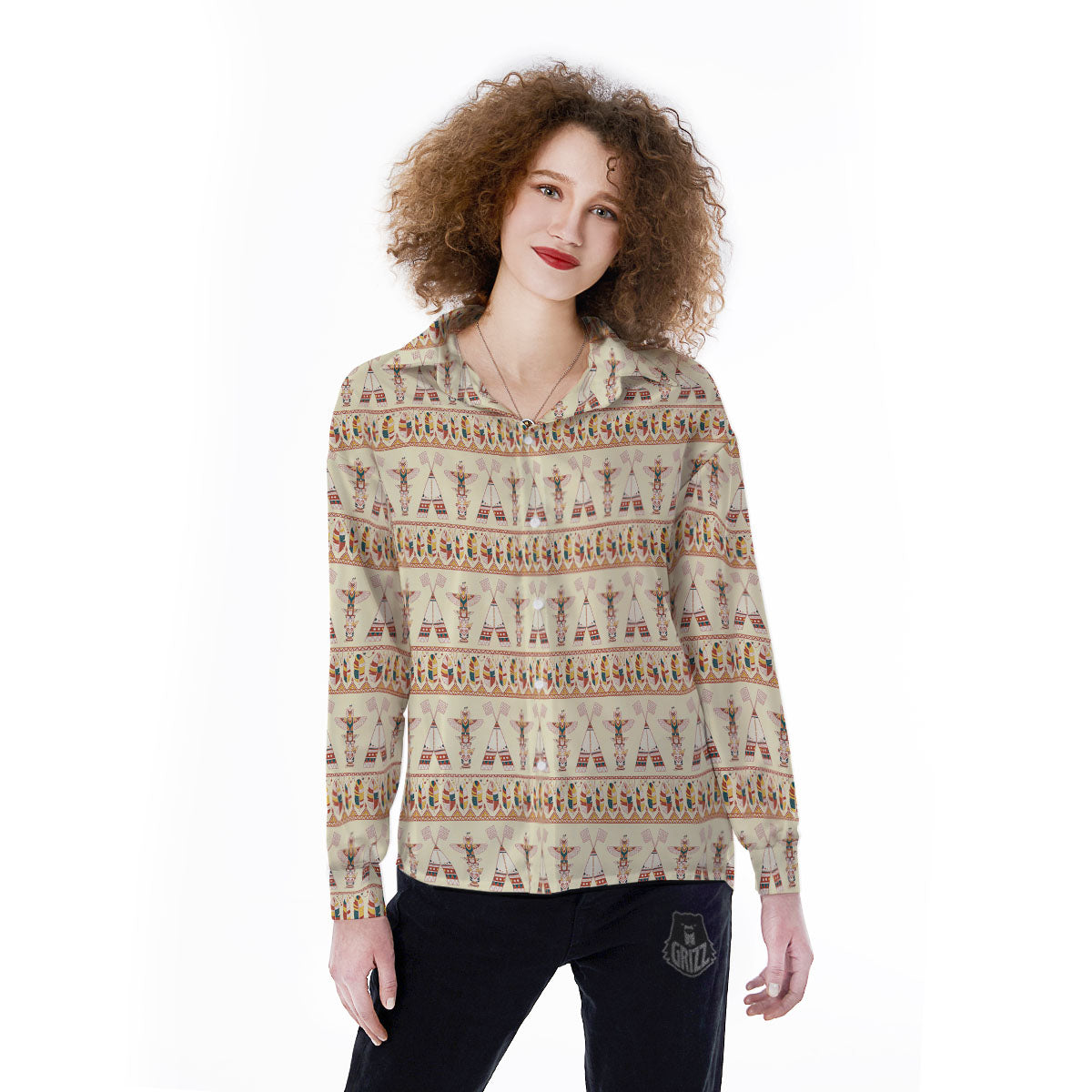 Eagle Totem Native American Print Women's Long Sleeve Shirts-grizzshop