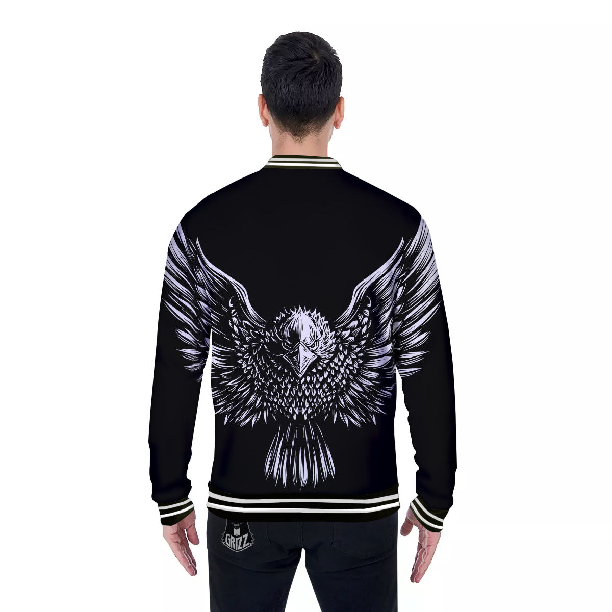 Eagle White And Black Print Baseball Jacket-grizzshop