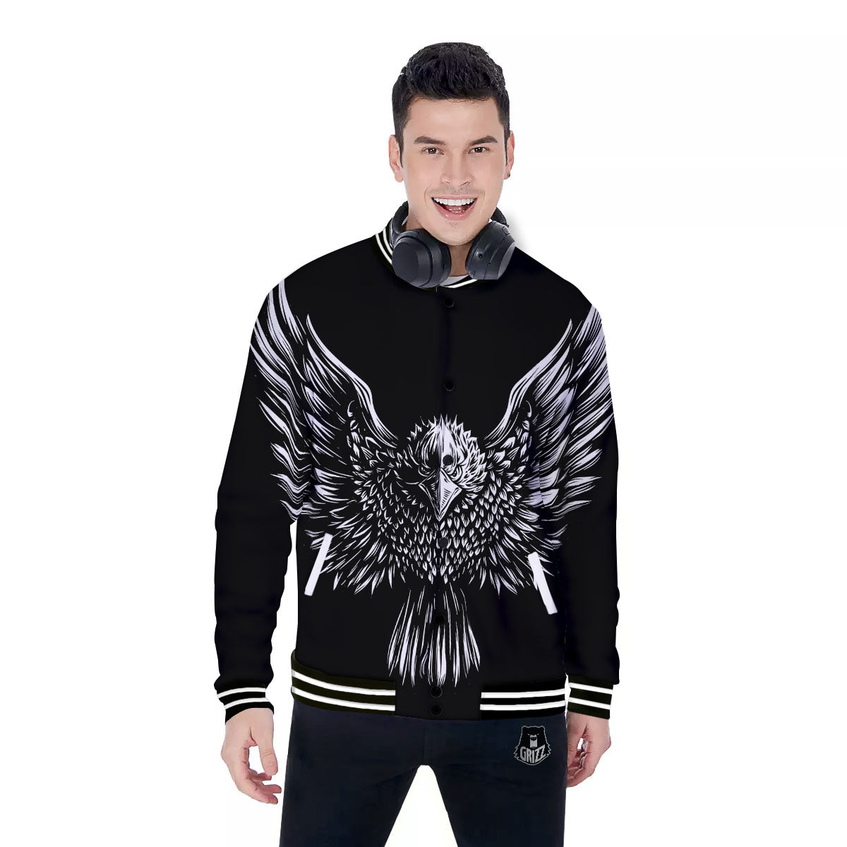 Eagle White And Black Print Baseball Jacket-grizzshop