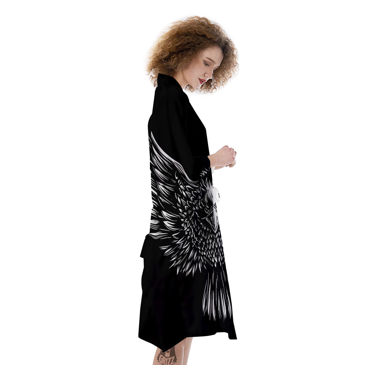 Eagle White And Black Print Kimono-grizzshop