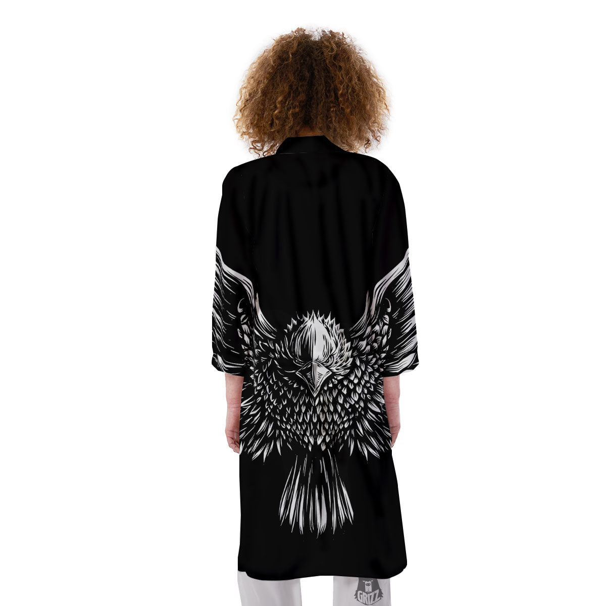 Eagle White And Black Print Kimono-grizzshop