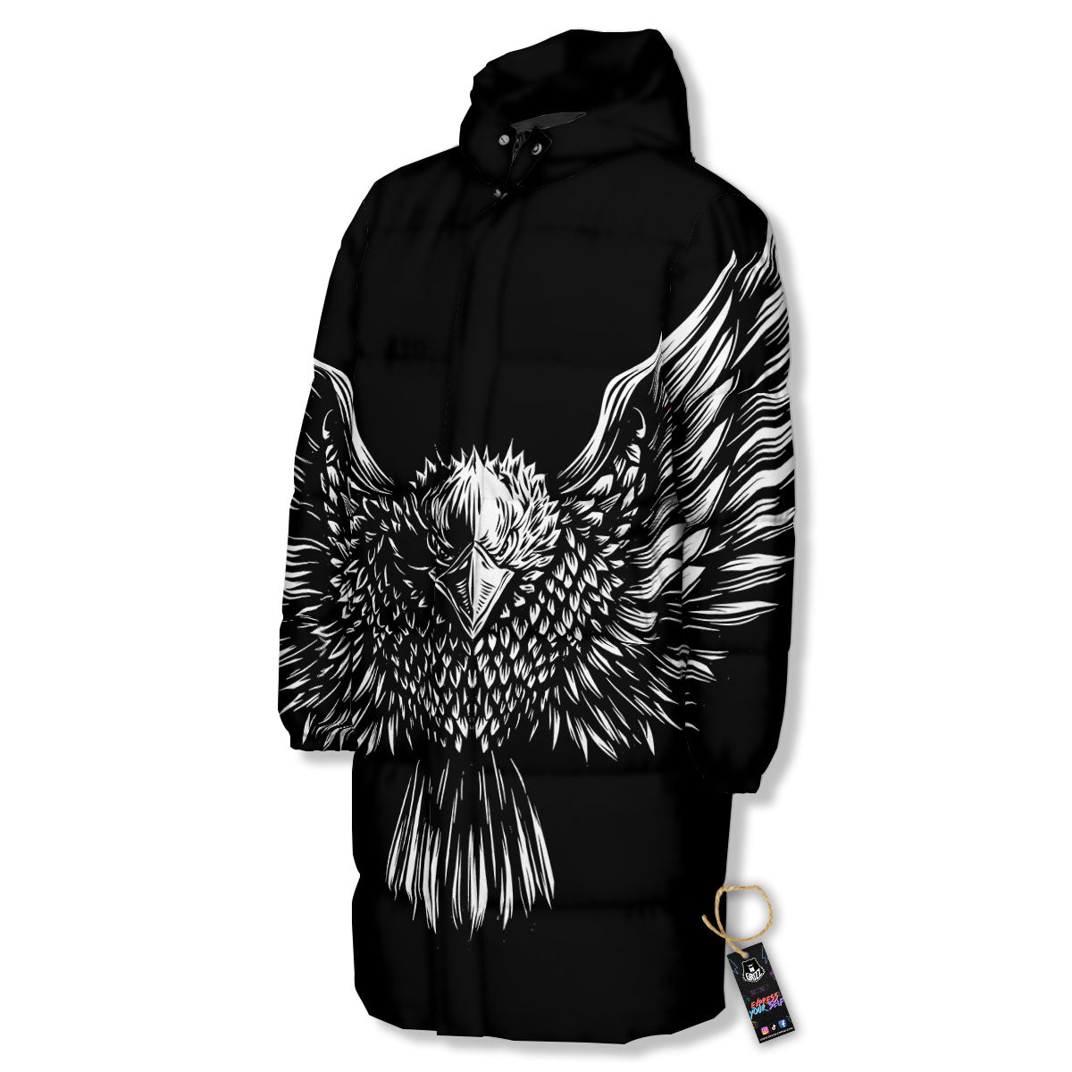 Eagle White And Black Print Long Down Jacket-grizzshop