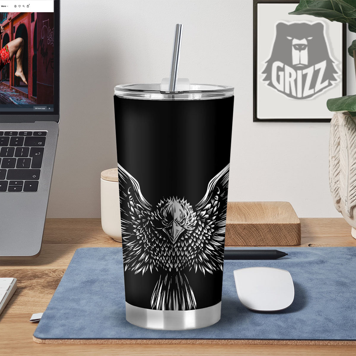 Eagle White And Black Print Tumbler-grizzshop