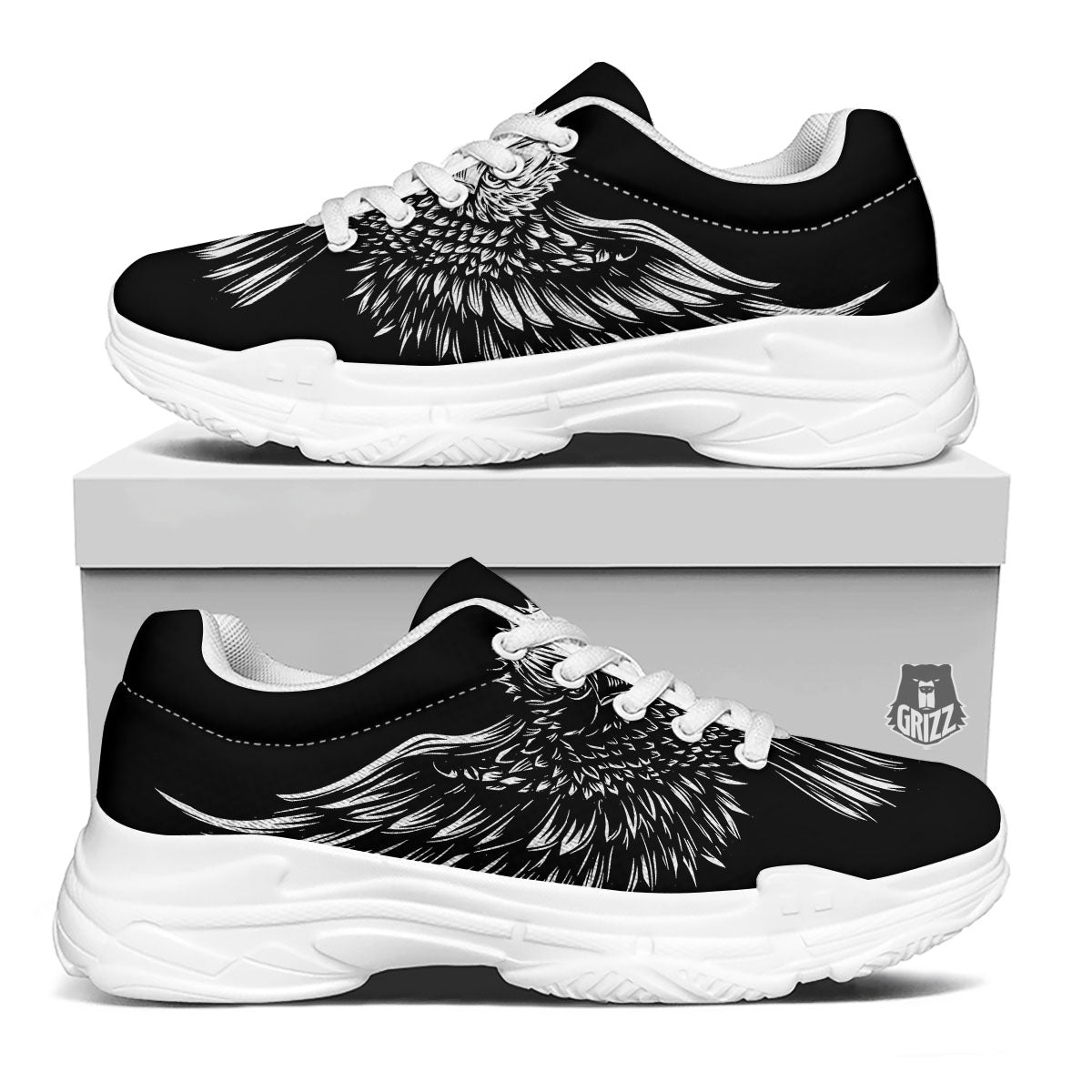 Eagle White And Black Print White Chunky Shoes-grizzshop