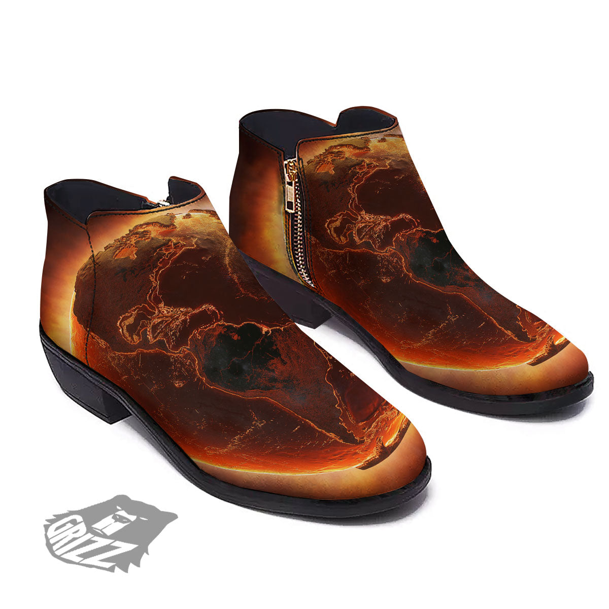 Earth Burning Print Ankle Boots-grizzshop