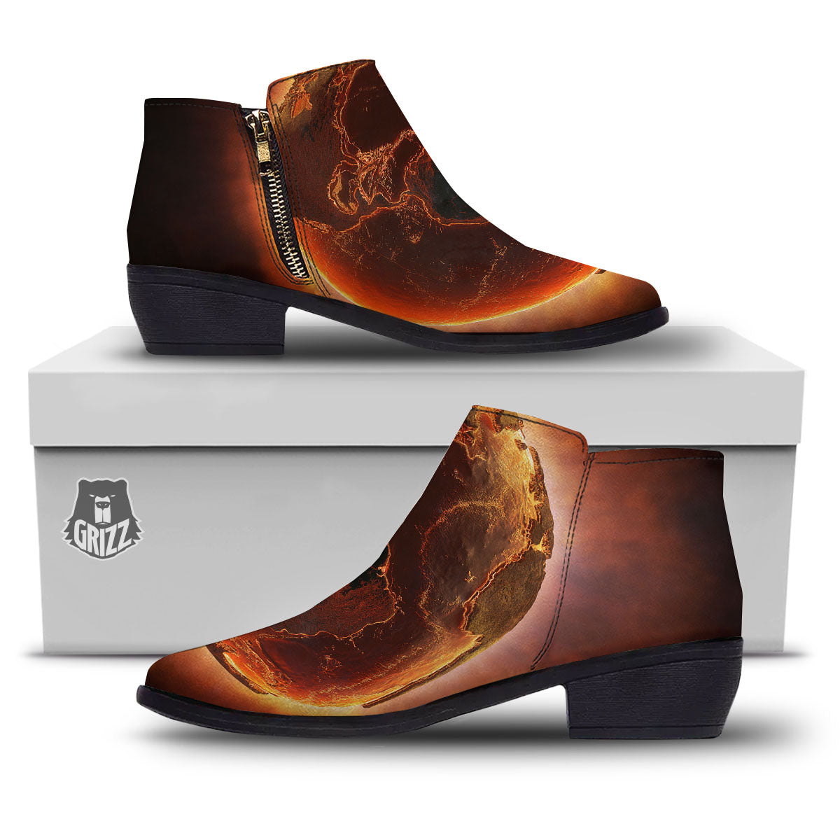 Earth Burning Print Ankle Boots-grizzshop