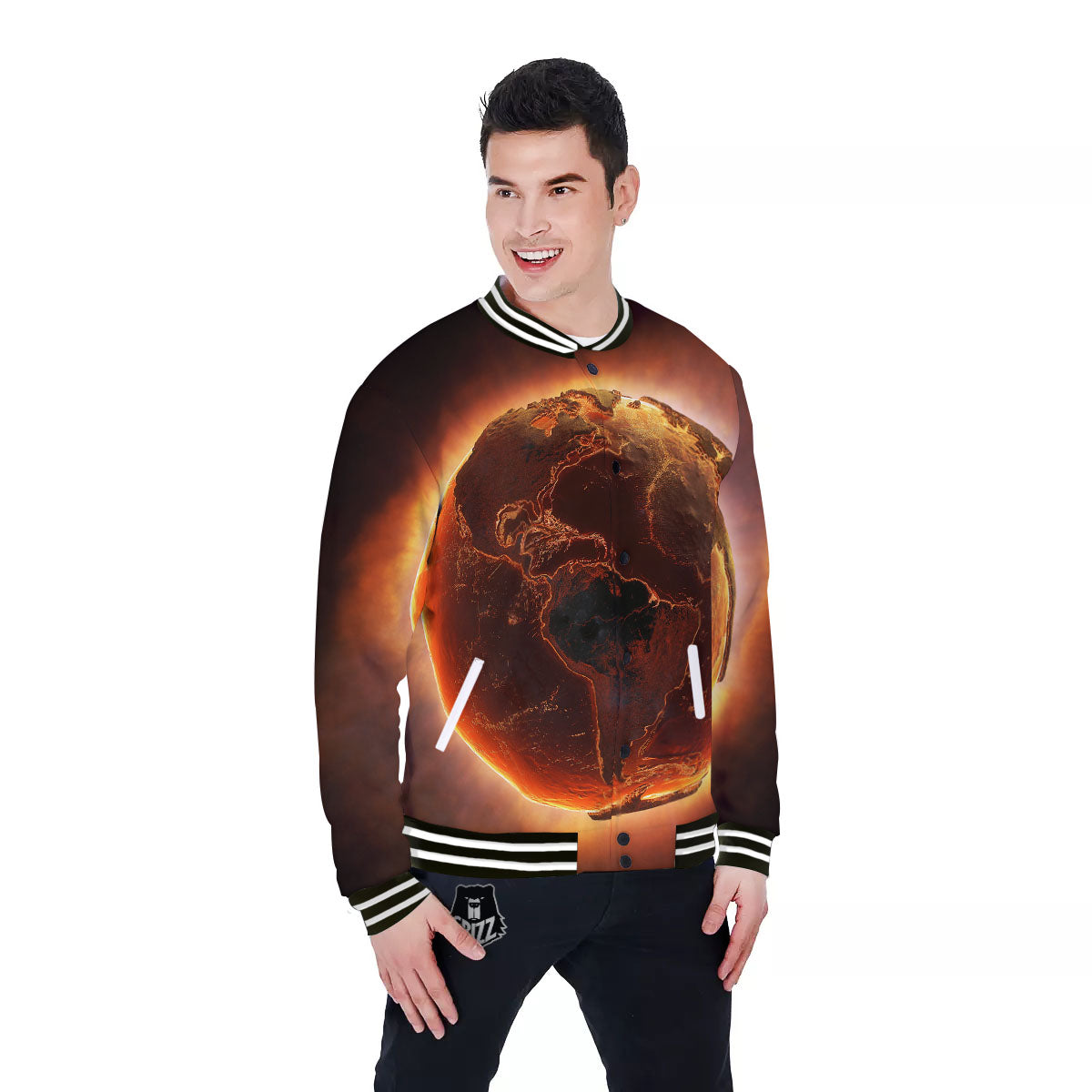 Earth Burning Print Baseball Jacket-grizzshop