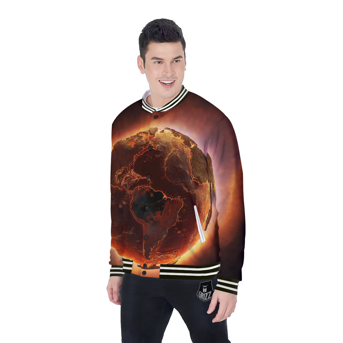 Earth Burning Print Baseball Jacket-grizzshop