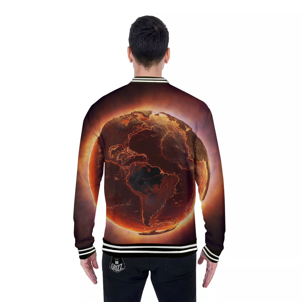Earth Burning Print Baseball Jacket-grizzshop
