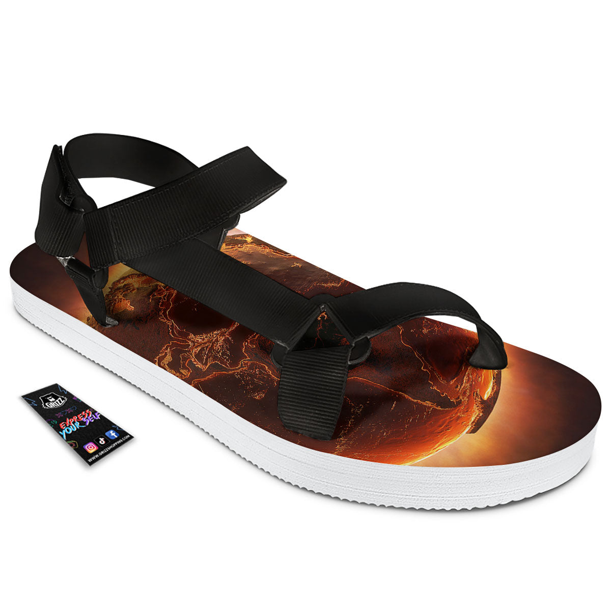 Earth Burning Print Black Open Toe Sandals-grizzshop