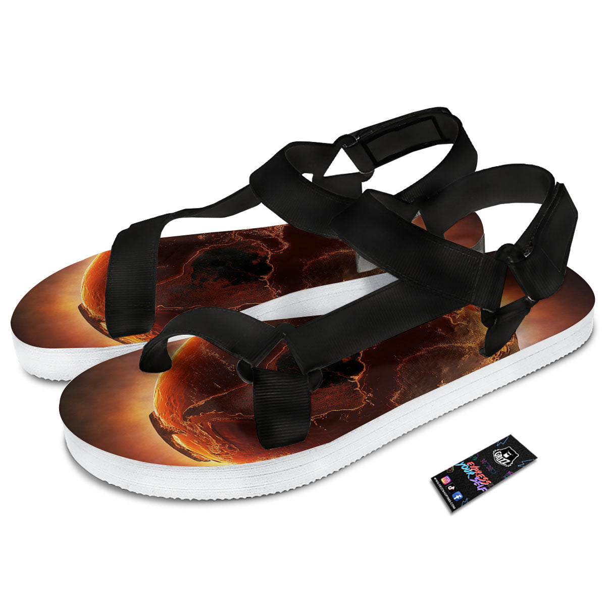 Earth Burning Print Black Open Toe Sandals-grizzshop