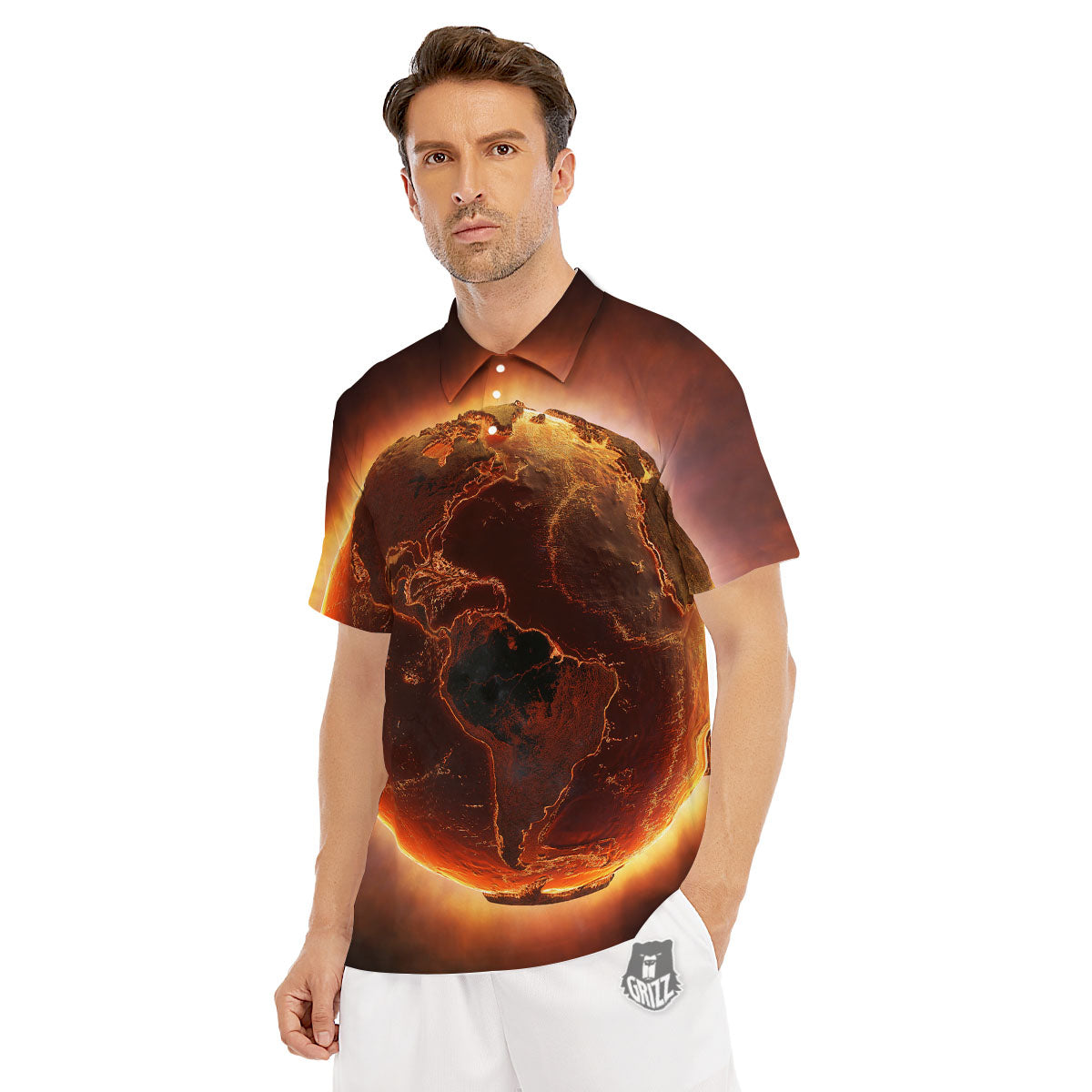 Earth Burning Print Men's Golf Shirts-grizzshop
