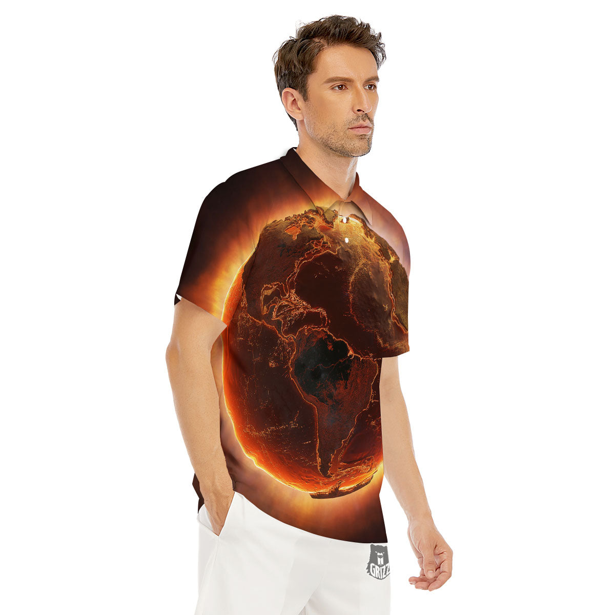 Earth Burning Print Men's Golf Shirts-grizzshop