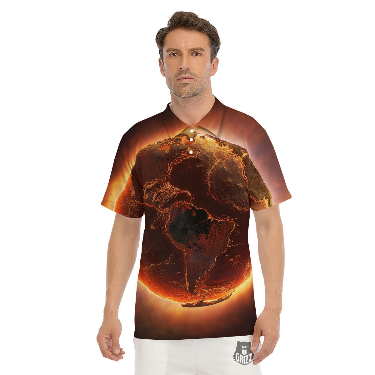 Earth Burning Print Men's Golf Shirts-grizzshop