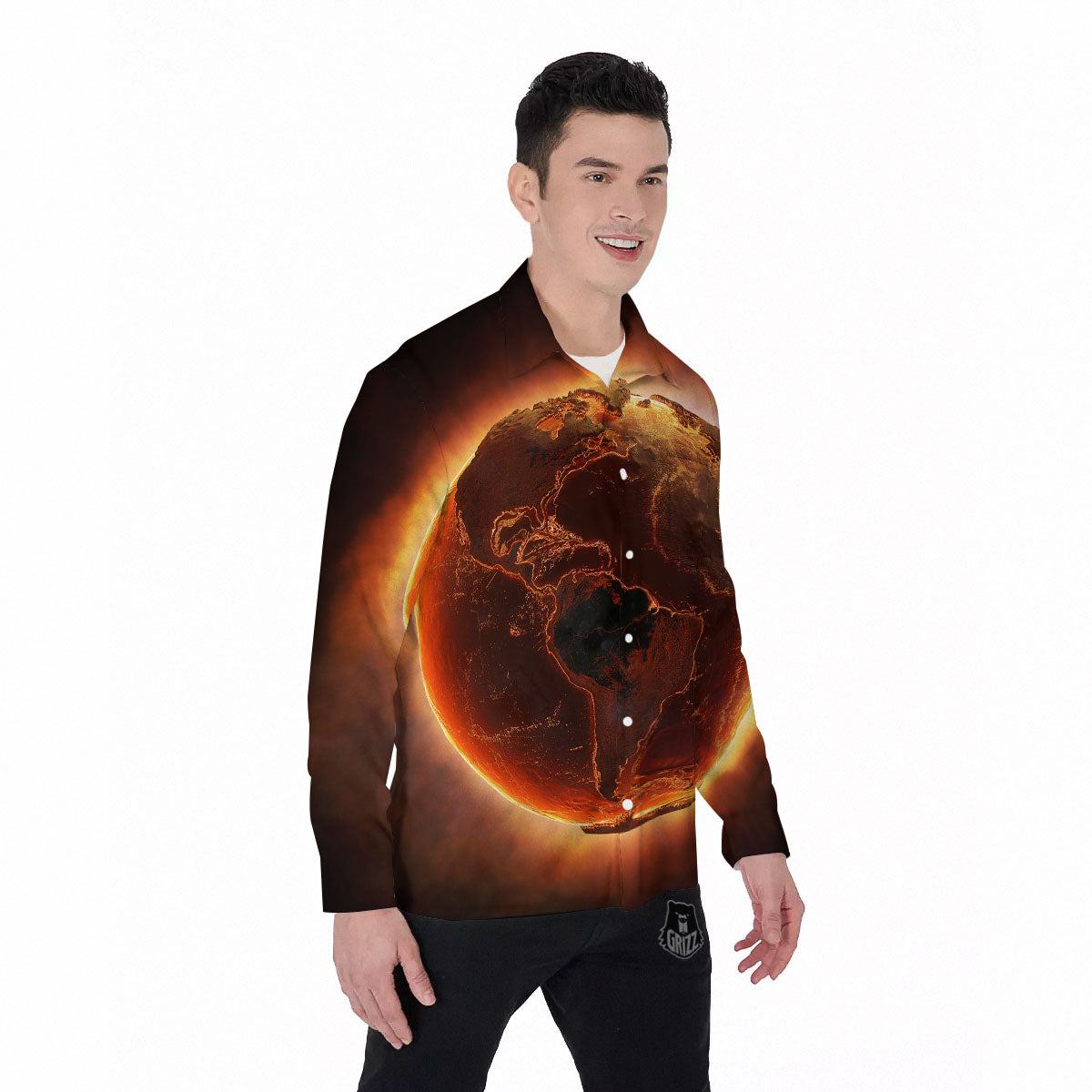 Earth Burning Print Men's Long Sleeve Shirts-grizzshop