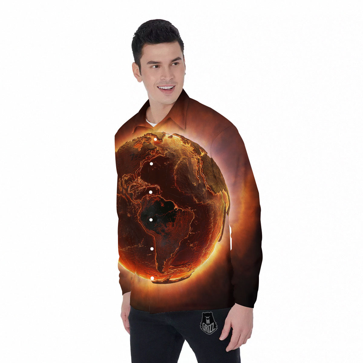 Earth Burning Print Men's Long Sleeve Shirts-grizzshop