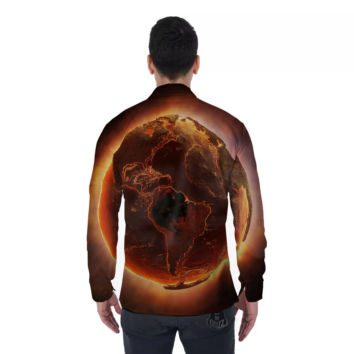 Earth Burning Print Men's Long Sleeve Shirts-grizzshop