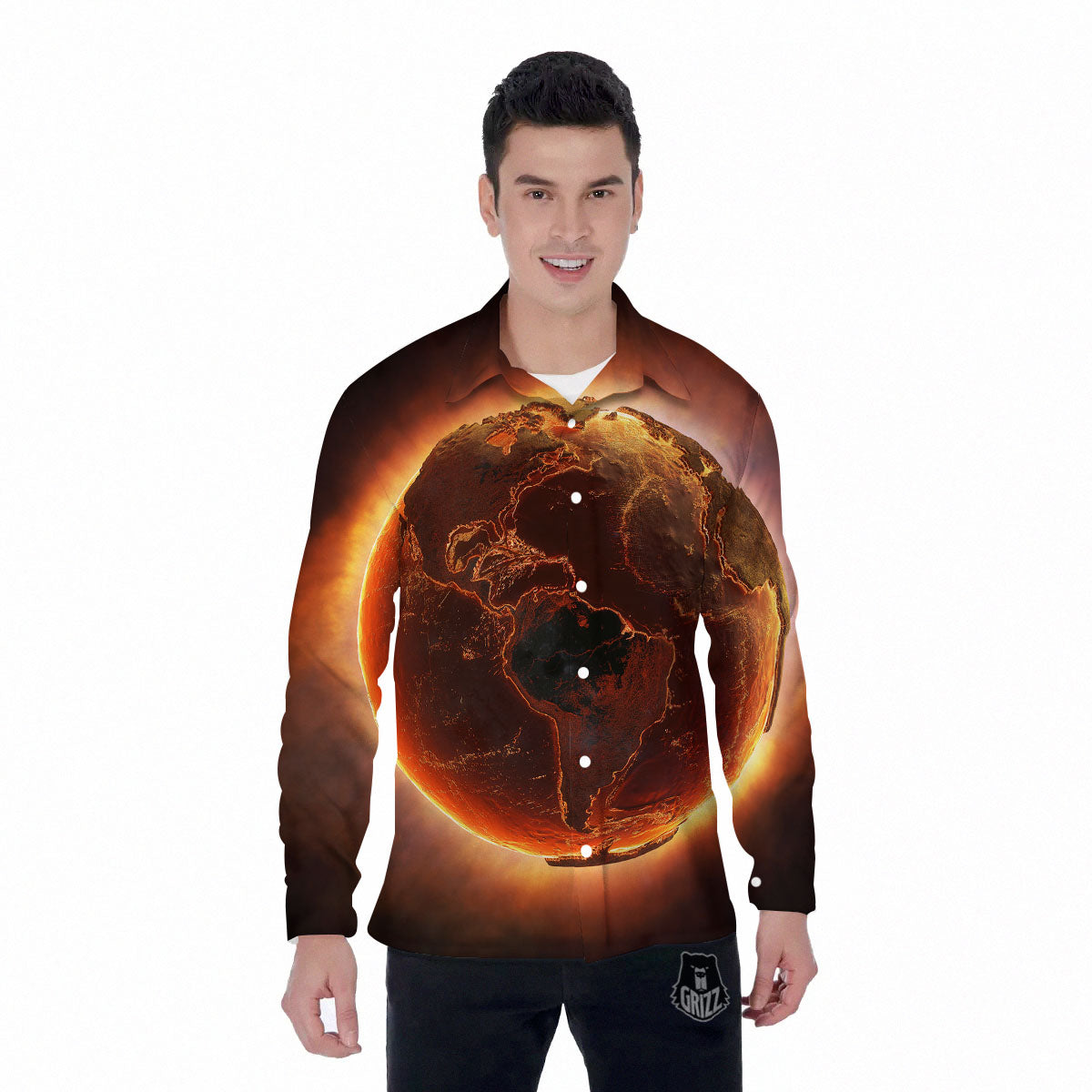 Earth Burning Print Men's Long Sleeve Shirts-grizzshop