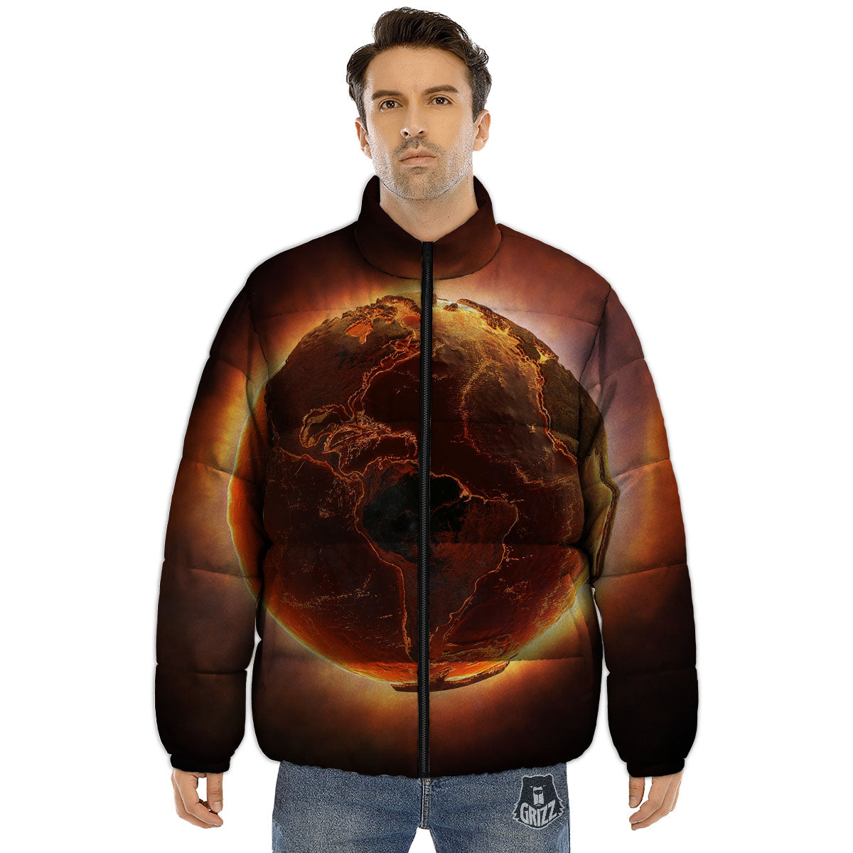 Earth Burning Print Puffer Jacket-grizzshop