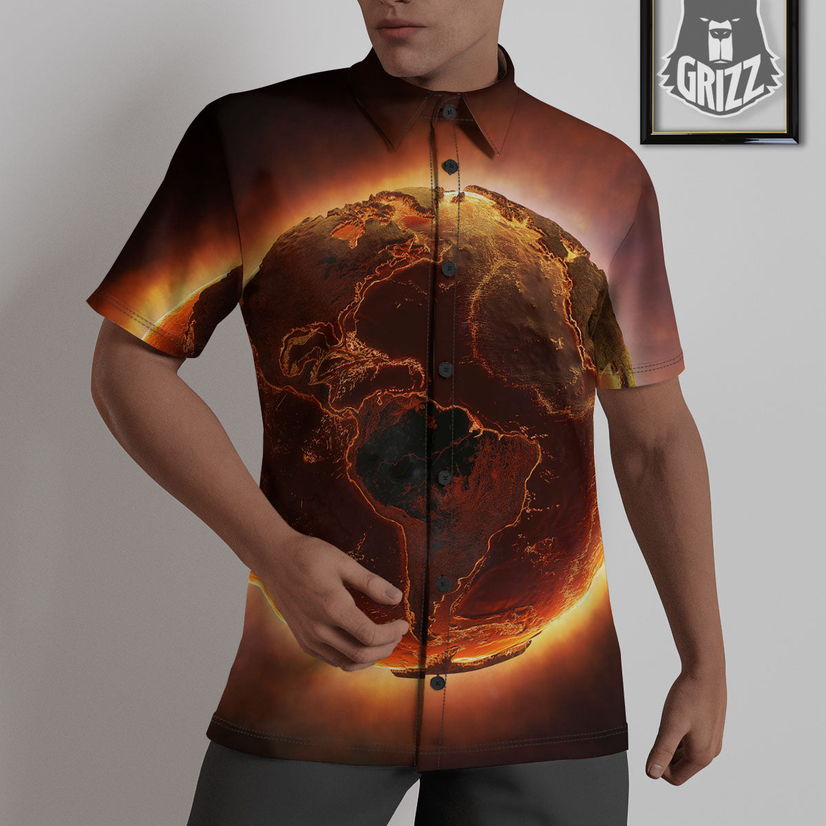 Earth Burning Print Untucked Shirts-grizzshop