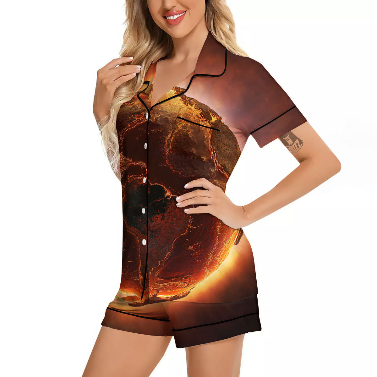 Earth Burning Print Women Silk Pajamas-grizzshop