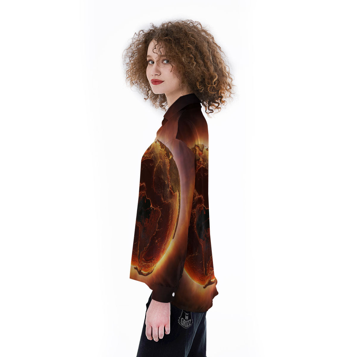 Earth Burning Print Women's Long Sleeve Shirts-grizzshop
